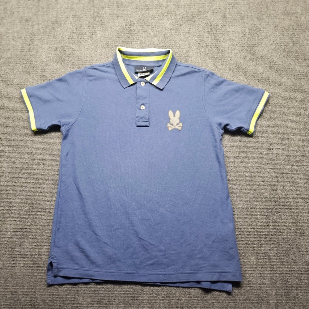 Psycho Bunny Kids Blue Pima Cotton Polo Shirt Neon Yellow Trim Size L 14/16